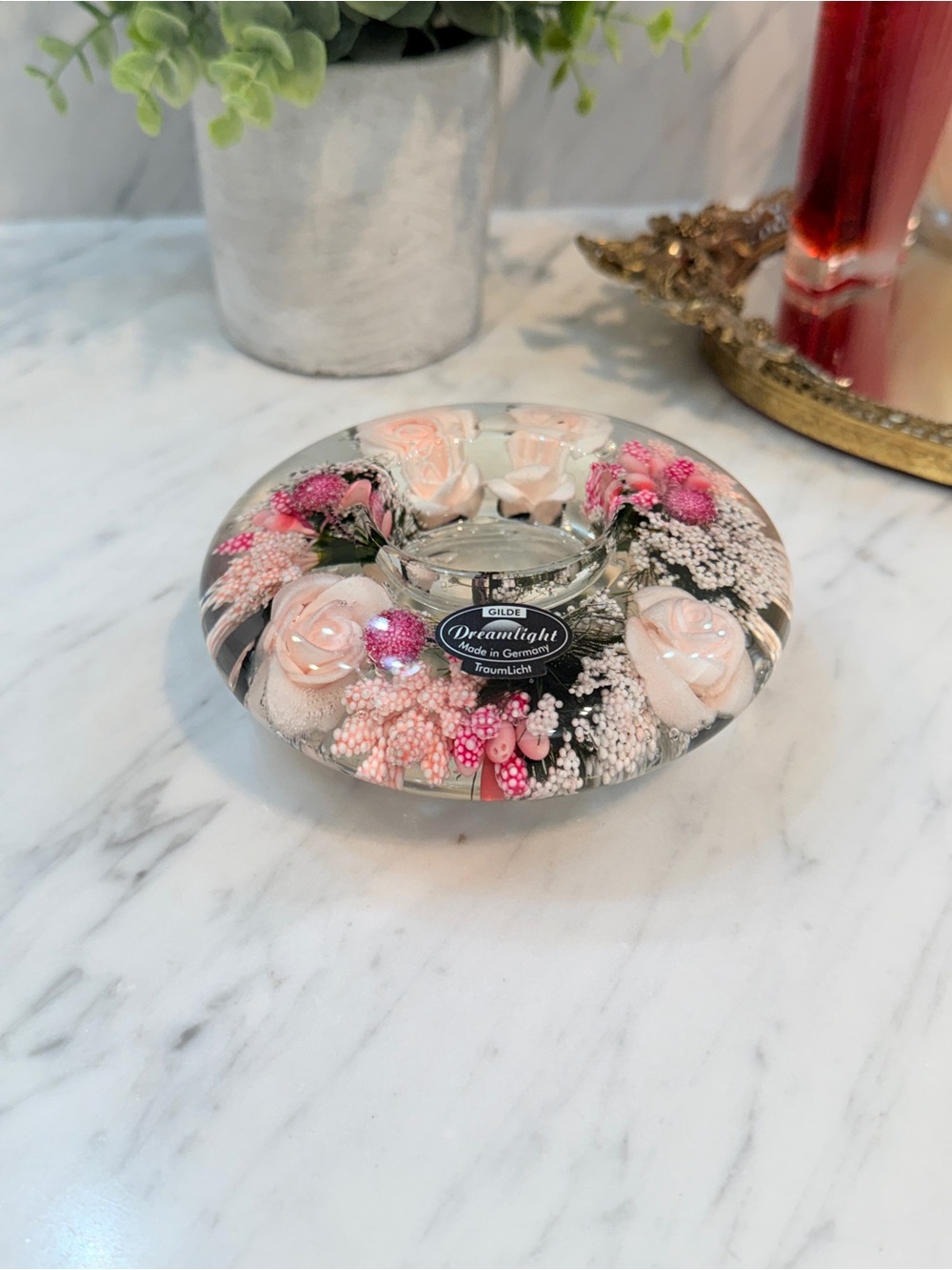 Gilde Dreamlight Glass Candle Holder with Flowers "Little Rose' Made in Germany - Picture 14 of 15
